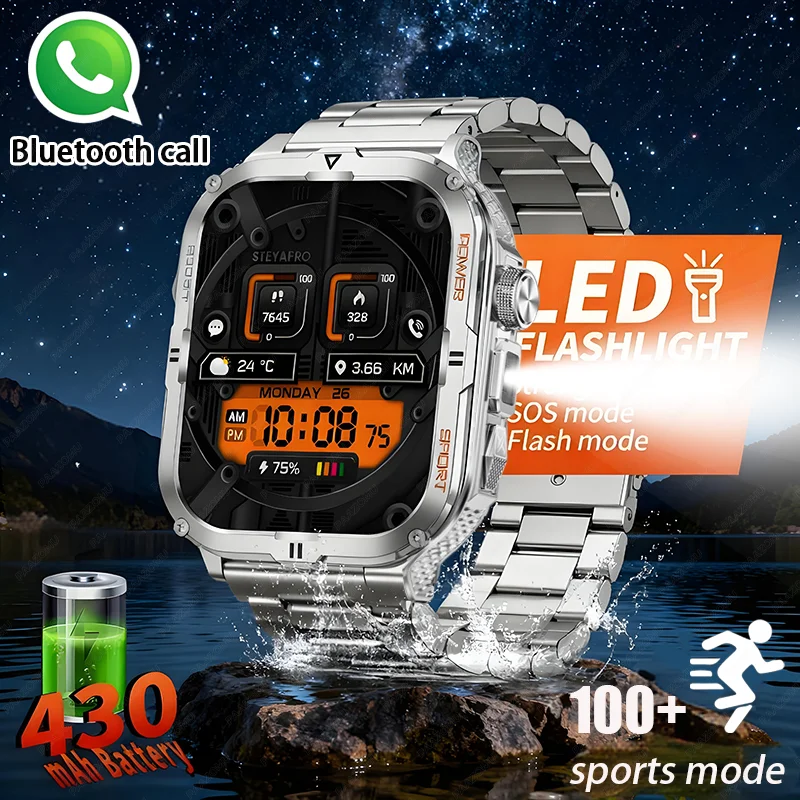 Nova lanterna led relógio inteligente masculino bluetooth chamada 100 + modo esportivo monitoramento de saúde esportes ao ar livre relógio inteligente versão android