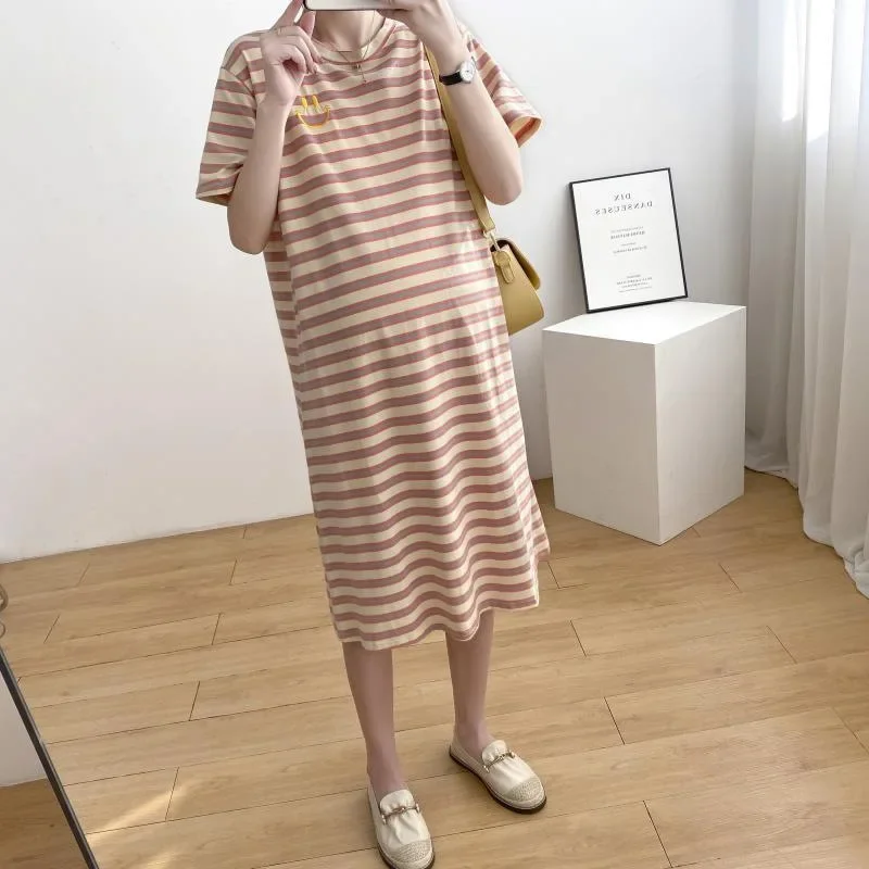 

Maternity Summer Clothes Stripe Dress Korean Loose T-shirt Dress Short Sleeve Medium and Long Fashion Soft Women Clothing