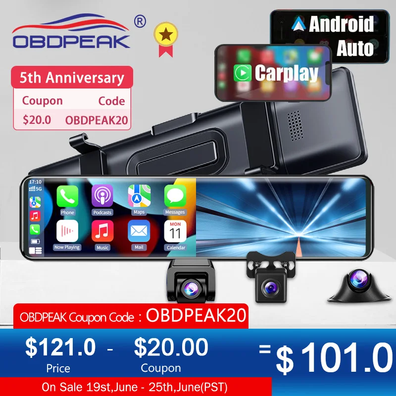 3 Cameras Dash Cam Carplay & Android Auto 2.5k 2560*1440P Rearview Mirror Video Recording WIFI