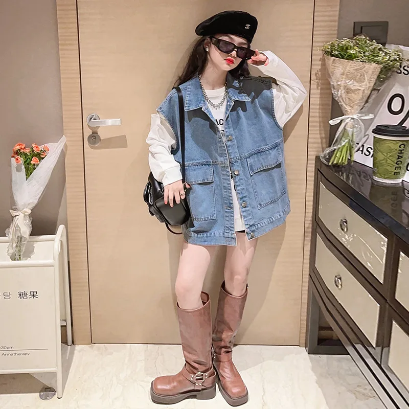 

Korean Spring Autumn Children Girl 2PCS Clothes Set Junior Girl Printed Sweatshirt+denim Vest Jacket Set For Girls 4-15Yrs