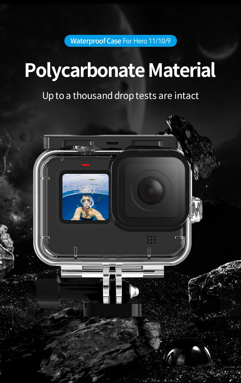 TELESIN 60M Waterproof Case Underwater Tempered Glass Lens Diving Housing Cover