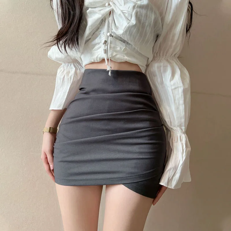 

High Waist Suit Skirt Folds Vintage Slim All-match Black Women Korean A Line Fashion Hip Casual Wrap Mini Skirt Y2K