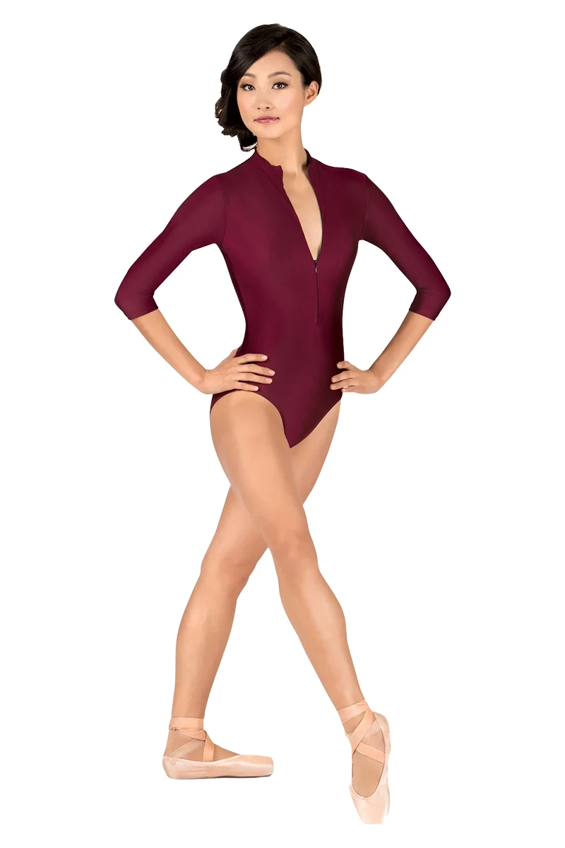 Adult Women Ballet Dance 1/2 Long-sleeved Leotards Gymnastics Front Zip Bodysuits Nylon Skinny Workout Stage Costumes ballet leotard dance leotard