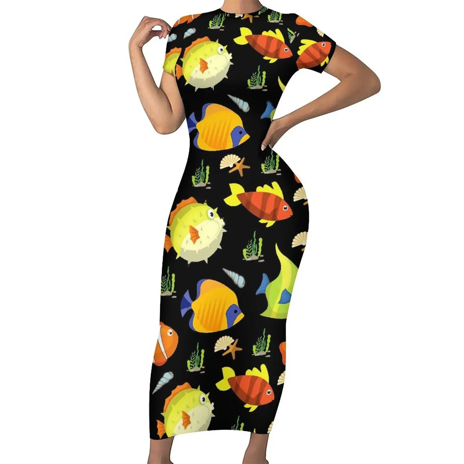 

Sea Fish Print Bodycon Dress Women Tropical Animal Modern Maxi Dresses Summer Short Sleeve Aesthetic Custom Oversized Dress