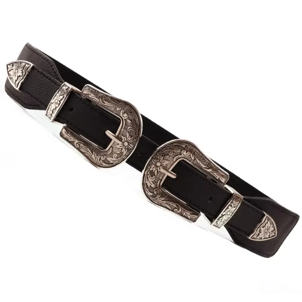 Cinturón negro versátil personalizado para mujer, nuevo estilo, diseño de doble hebilla, cinturón de nicho de alta gama, tendencia