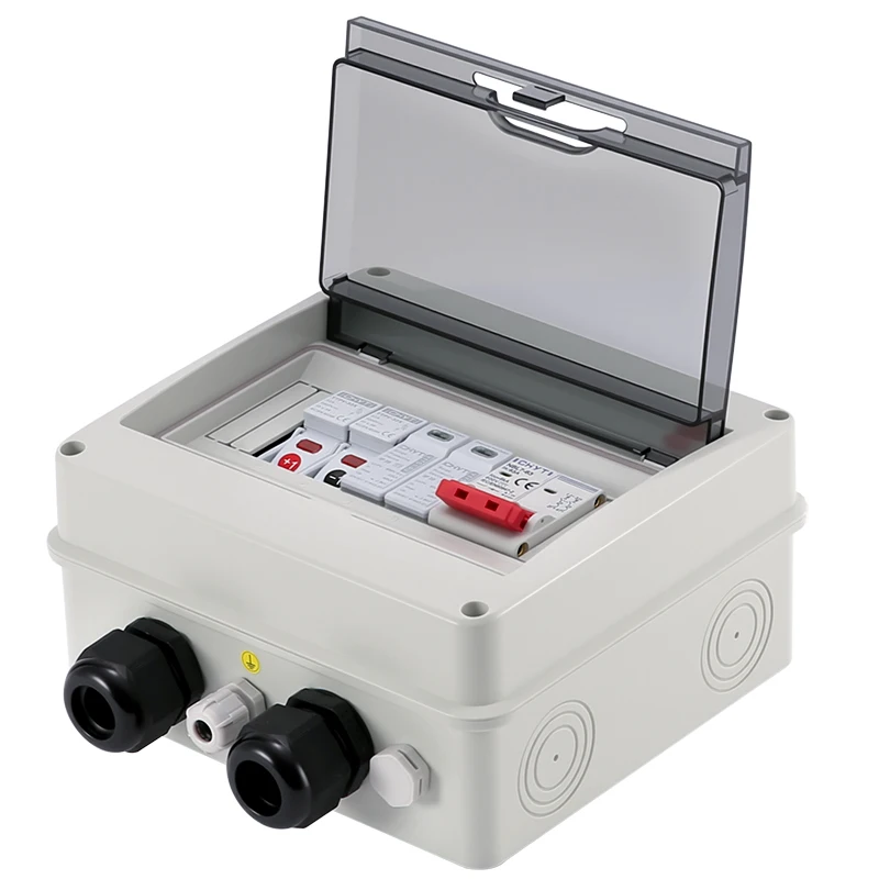 Double PG solar photovoltaic PV DC combiner box electrical junction box electrical box electrical distribution box photovoltaic combiner box 600V Surge Lightning Protection 1 input 1 out Fuse MCB SPD Distribution Box IP65