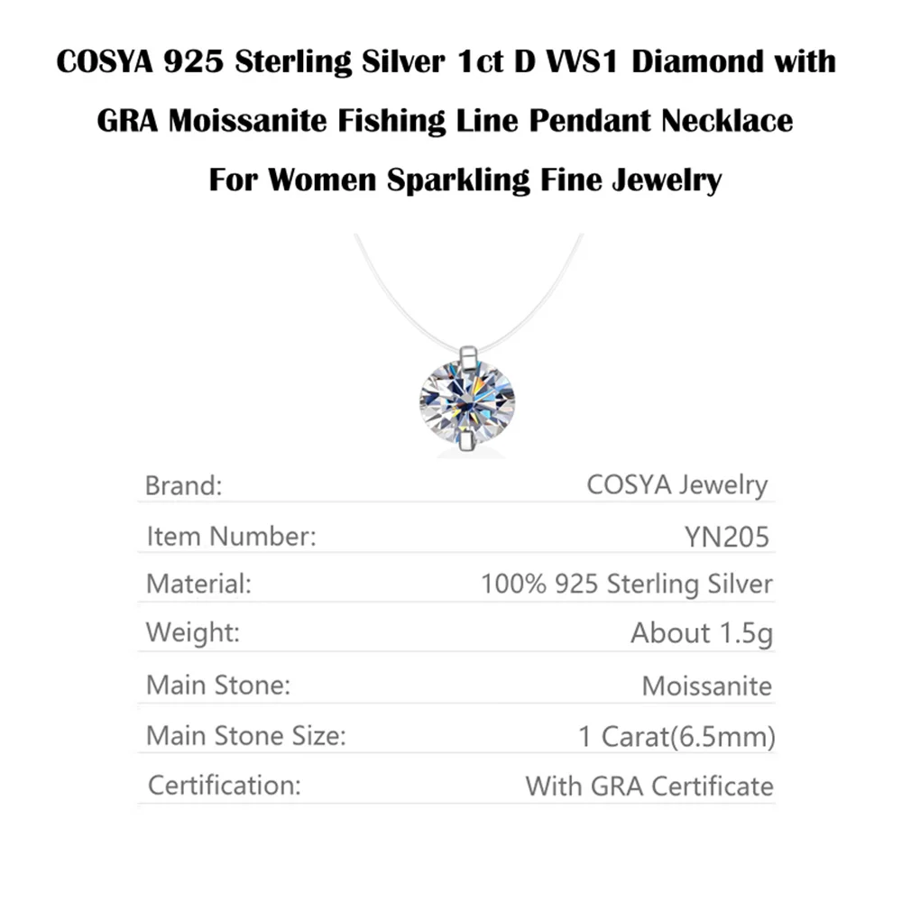 Moissanite Pendant Necklace 1ct Fishing Line D VVS1 925 Sterling Silver For Women pendant necklace,silver necklace,moissanite necklace