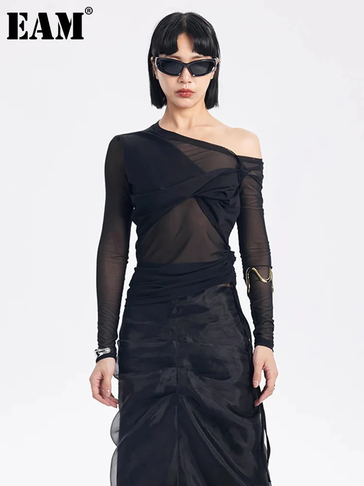 

[EAM] Women Black Mesh Perspective Elegant T-shirt New Asymmetrical Collar Long Sleeve Fashion Tide Spring Autumn 2024 1DH5266