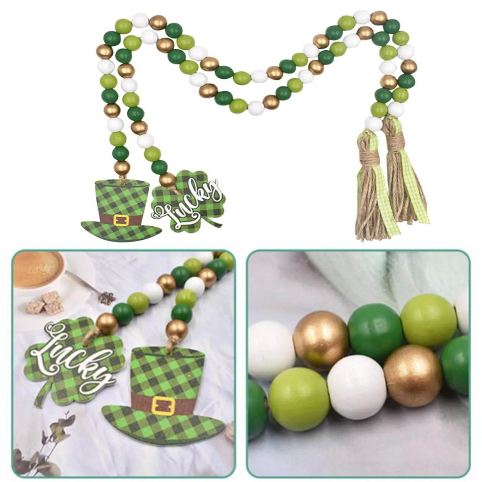 

New Easter St.Patrick Day Wood Bead Garlands With Tassels Farmhouse Rustic Country Wood Bead Boho Garlands For Tiered Tray Decor
