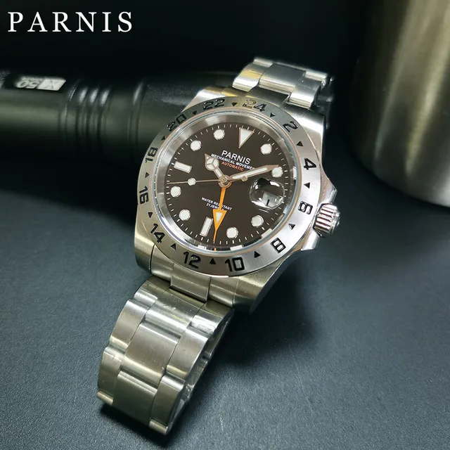 Casual Parnis 40mm Silver Case Mechanical Men Watches Orange GMT