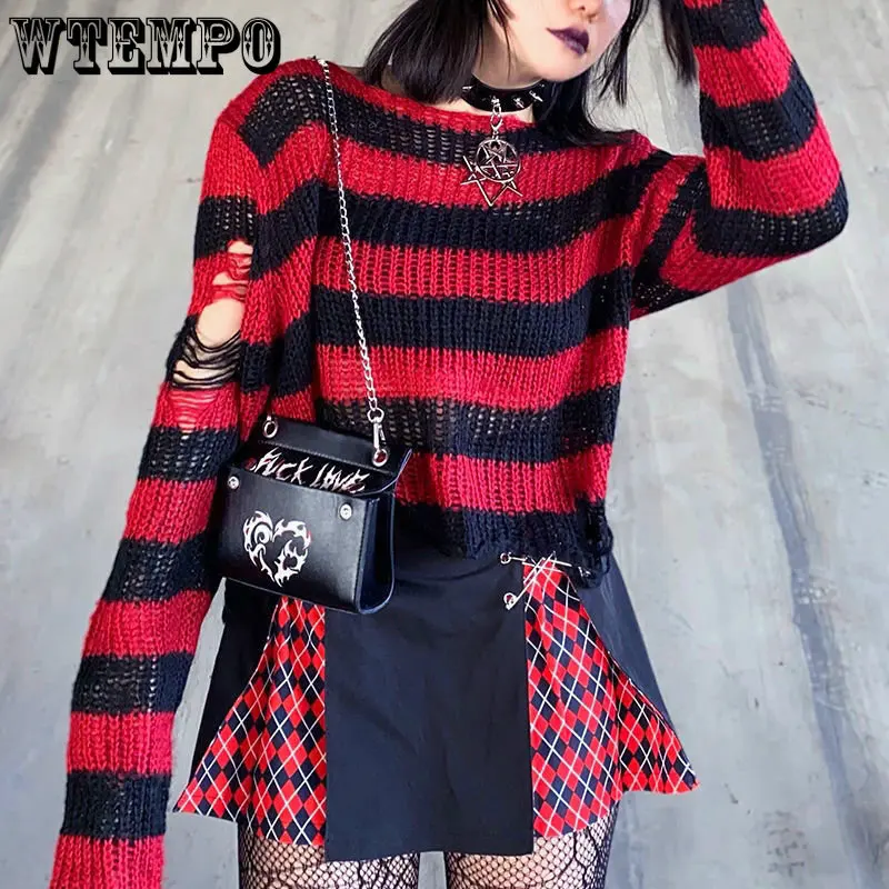 

Y2K Pink Striped Gothic Sweaters Women Ripped Holes Loose Knitted Pullover Frayed Fairy Grunge Jumpers Emo Streetwear Lolita