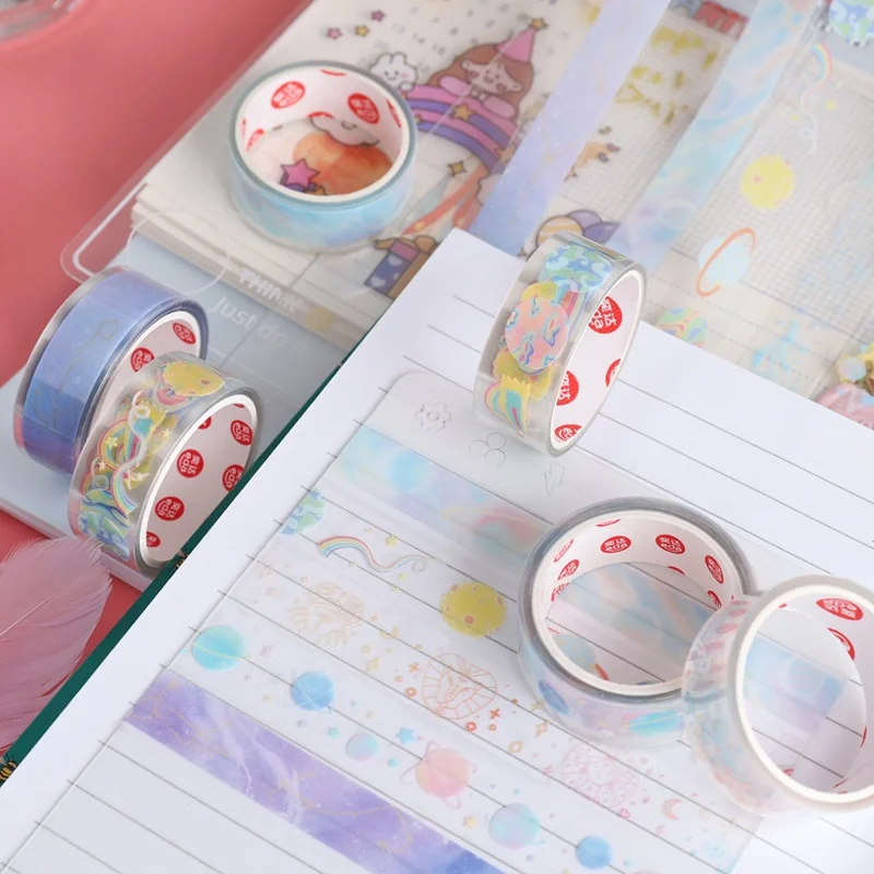 5 롤의 몽환적인 별이 빛나는 하늘 투명 테이프 수제 DIY 장식 재료 학생 문구 장식 테이프