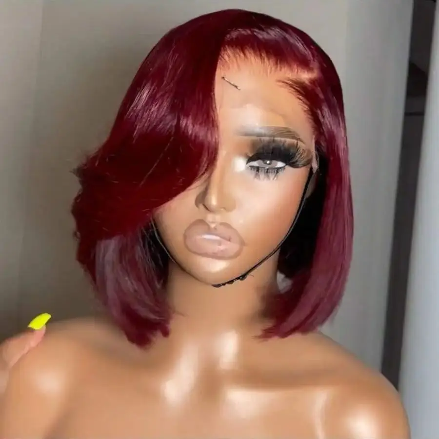 Burgundy 8-34 Inch 200% Straight Bob Wig 13x4 Transparent Lace Frontal Wig Human Hair 99J Red Colored Pre Plucked With Baby Hair 3
