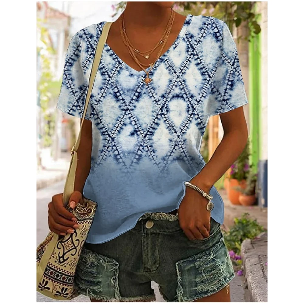 

Fashion Women's T-shirt 3d Pink Blue Purple Plaid Print Tops Tee Daily Weekend Basic V Neck Female Clothes Summer Woman Clothing