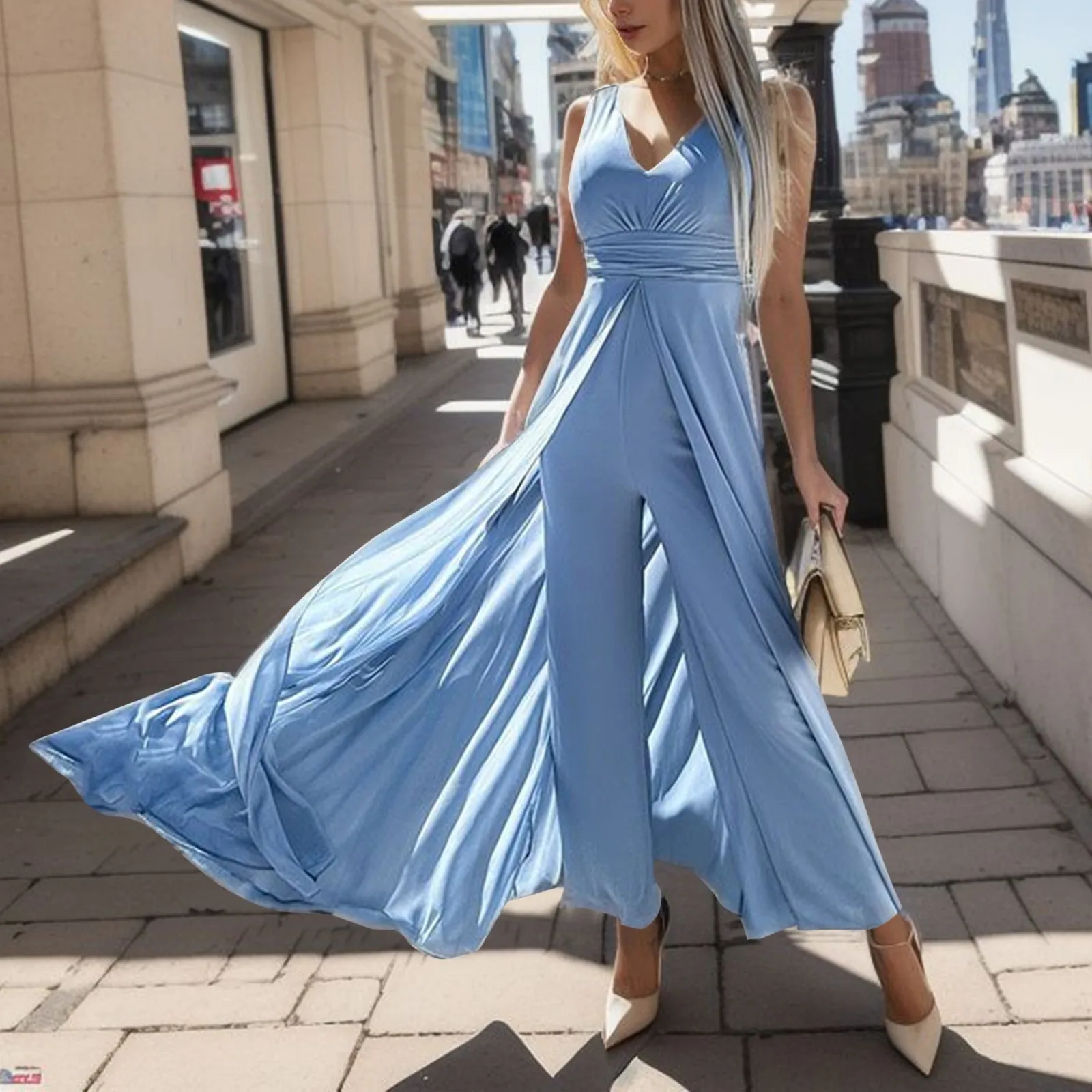 

Sexy V-Neck Women Prom Jumpsuit Solid Color Wide Leg Sleeveless Breathable High Waist Elegant Lady Dress Playsuit Female Clothes