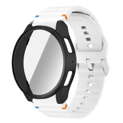 Deluxe Silicone Band with Tempered Glass Protector & Case for Galaxy Watch 7 44mm (White black)