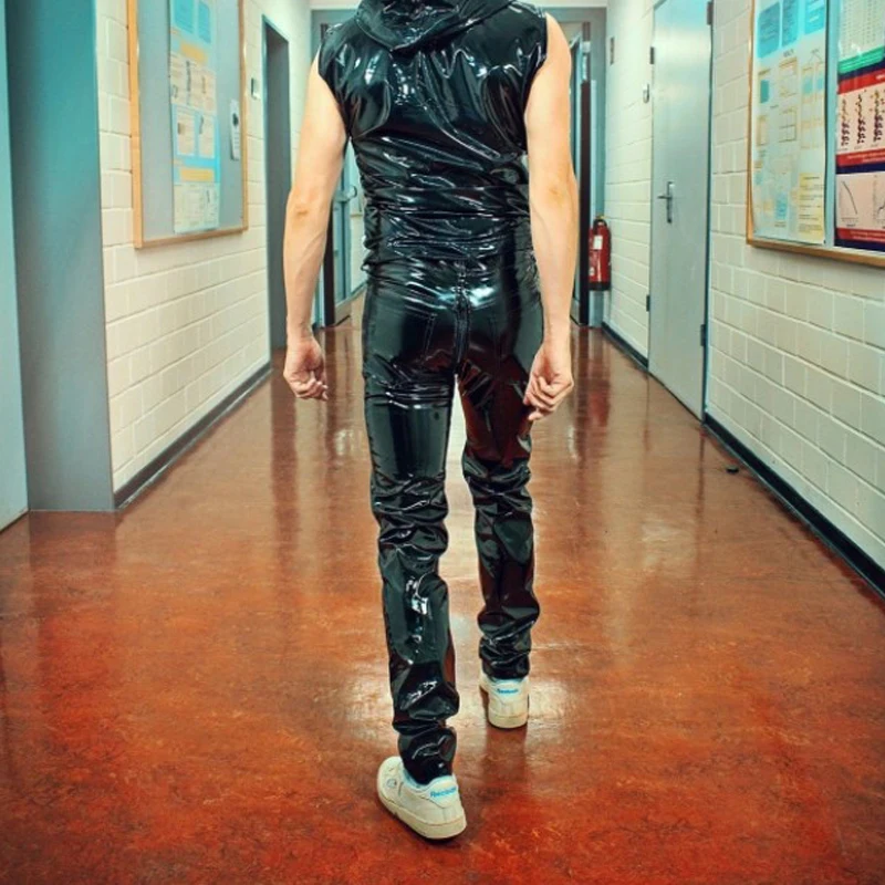 Black Men's Wetlook PVC Pants Over Crotch Zipper Liquid Trousers for Men Motorcycle Leather Pants