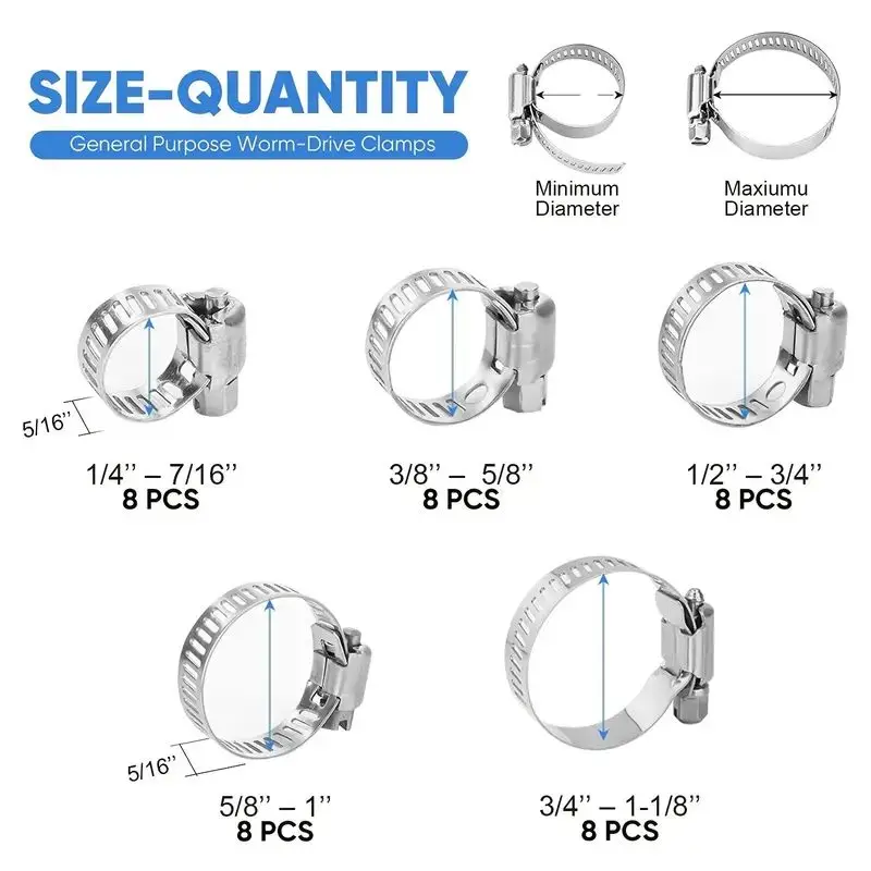 40PCS hadicové skoba sada - nerez ocel červ mechanismus svěrky pro pipes, intercoolers, instalatérské, trubek & palivo čar (1/4'' - 1-1/8'')