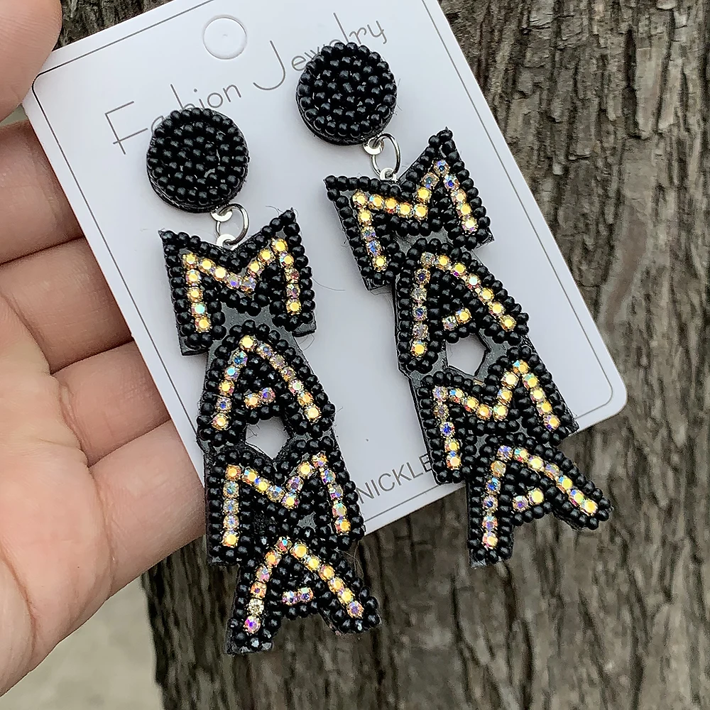 Vintage Handmade Beaded MAMA Earrings Shining Long Drop