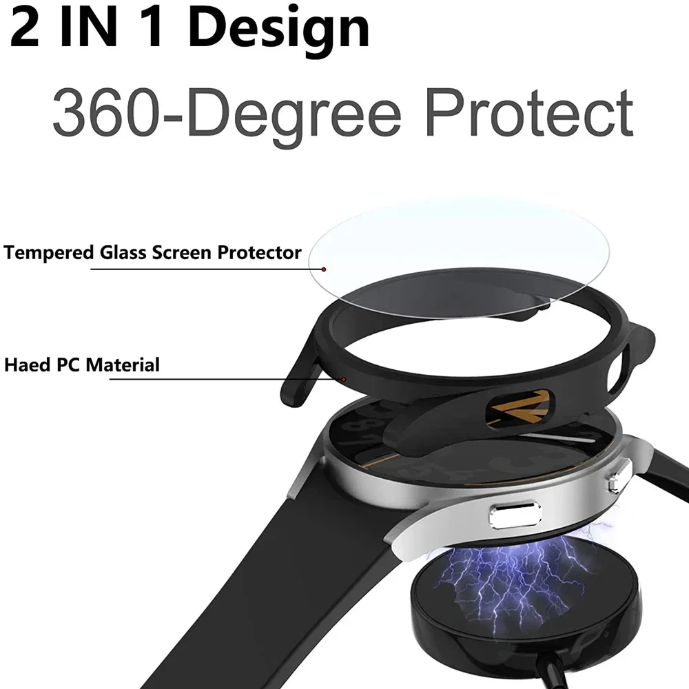 Premium Waterproof Hard PC Case with Screen Protector for Samsung Galaxy Watch - Glass Bumper Cover, 40mm to 45mm