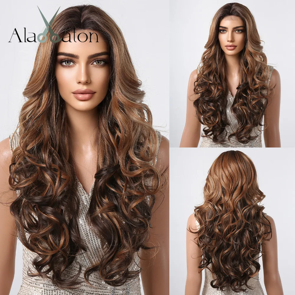 ALAN EATON Long Brown Highlight Synthetic Wig Natural Hairline Part Lace Wig Ombre Brown Daily Party Hair High Temperature Fiber