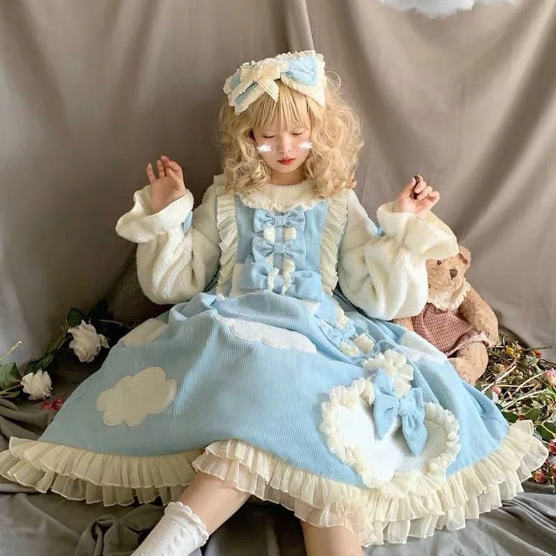 Winter Plush Velvet Lamb Lolita Op Thickened Warm Kawaii Loli Dress Cute Student Stitched Blue Pink Plus Size 2Xl 3Xl 4Xl