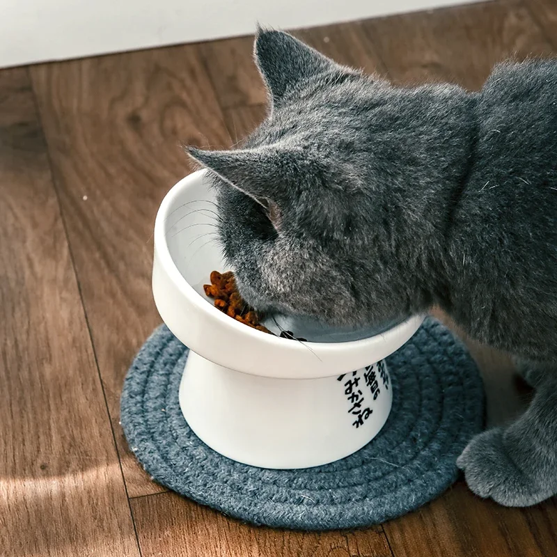 Cat bowl protection cervical spine ceramic high foot oblique mouth cute Japanese cat food basin and drinking