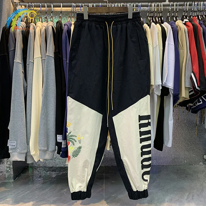 

Hip Hop Loose RHUDE Patchwork Overalls Men Women 1:1 High Quality Jogger Drawstring Rhude Sweatpants Splicing Casual Pants