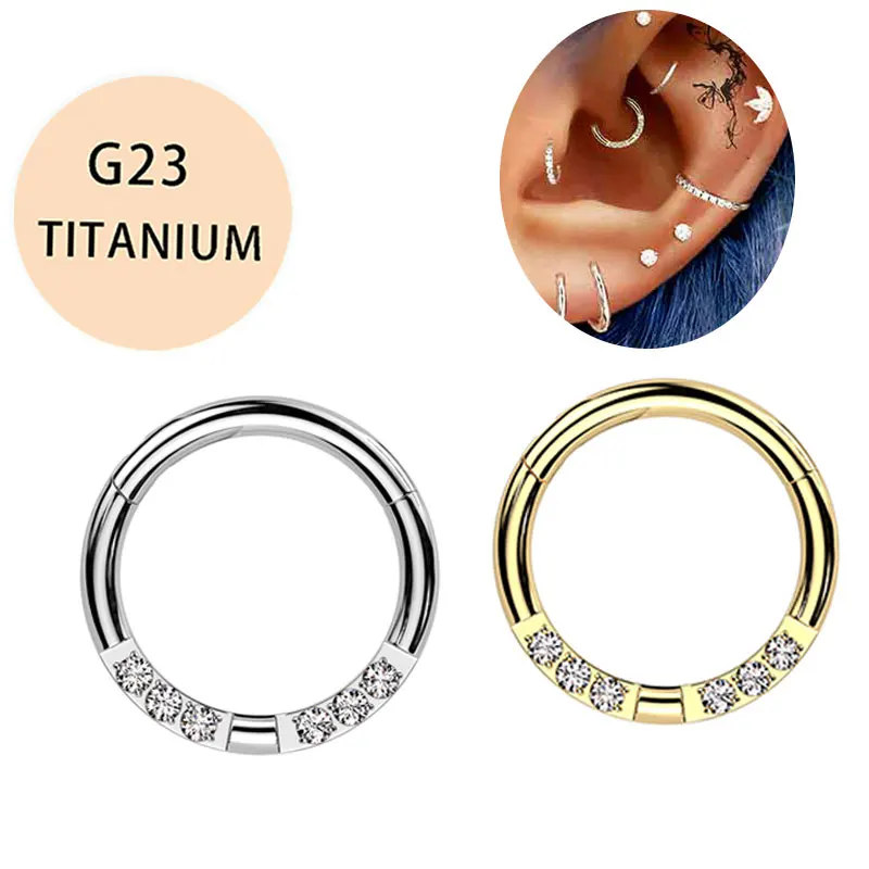 G23 Titanium Nose Rings Hinged Septum Clicker Segment Ear Tragus Cartilage Helix Daith Lip Body Piercing Jewelry Golden Earrings
