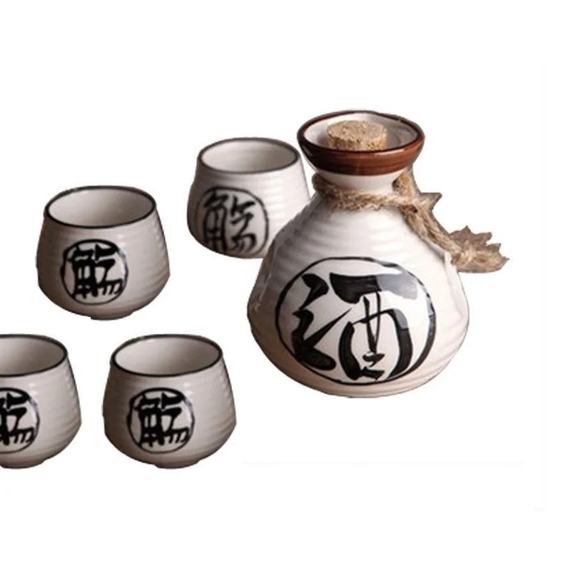 Ceramic Sake Set Vintage Ceramic Sake Pot 4 Cups Japanese Cuisine Spirit Bottle 250ml