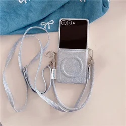 Elegant Mirror Flower Magnetic Stand Phone Case with Lanyard - Compatible with Magsafe - Galaxy Z Flip5 (With Long Rope)