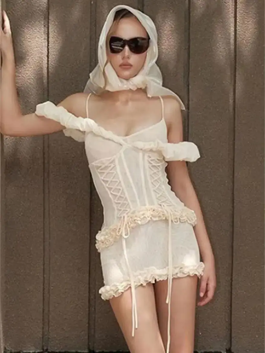 Nibber Patchwork Shirring Slash Neck Dress Women Sweet Mesh Ruffles Sleeveless Stretch Vacation Party Club Sexy Mini Bodycon