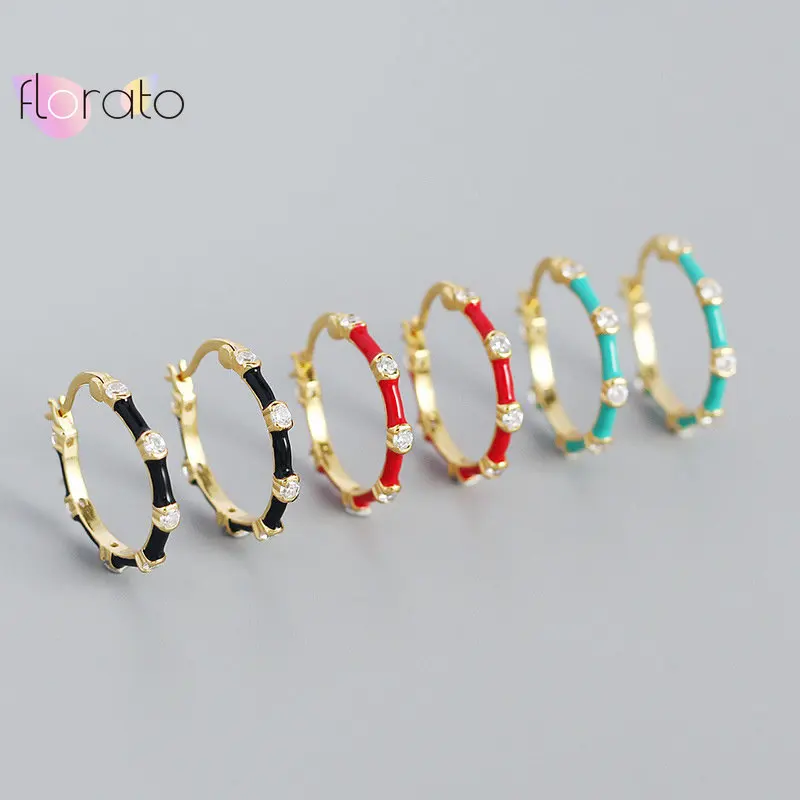

925 Sterling Silver Needle Geometric Round Hoop Earrings for Women 14.5mm Colorful Enamel Chunky Circle Enamel Earrings Jewelry