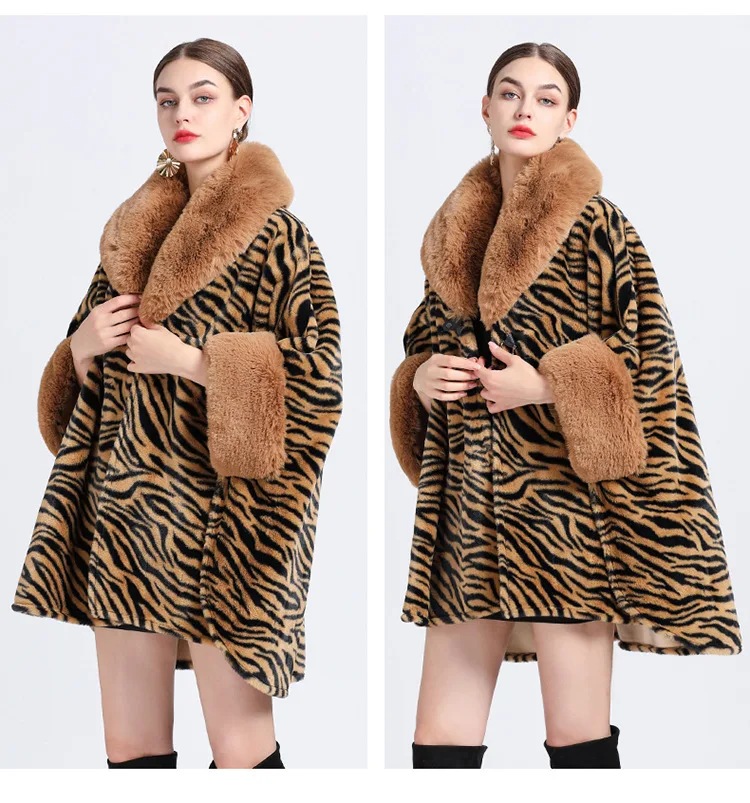 Description Picture 6 of itemWinter Big Pendulum Faux Fur Collar Cardigan Woolen Loose Capes Coat Batwing Sleeves Poncho Women Zebra Striped Overcoat Cloak