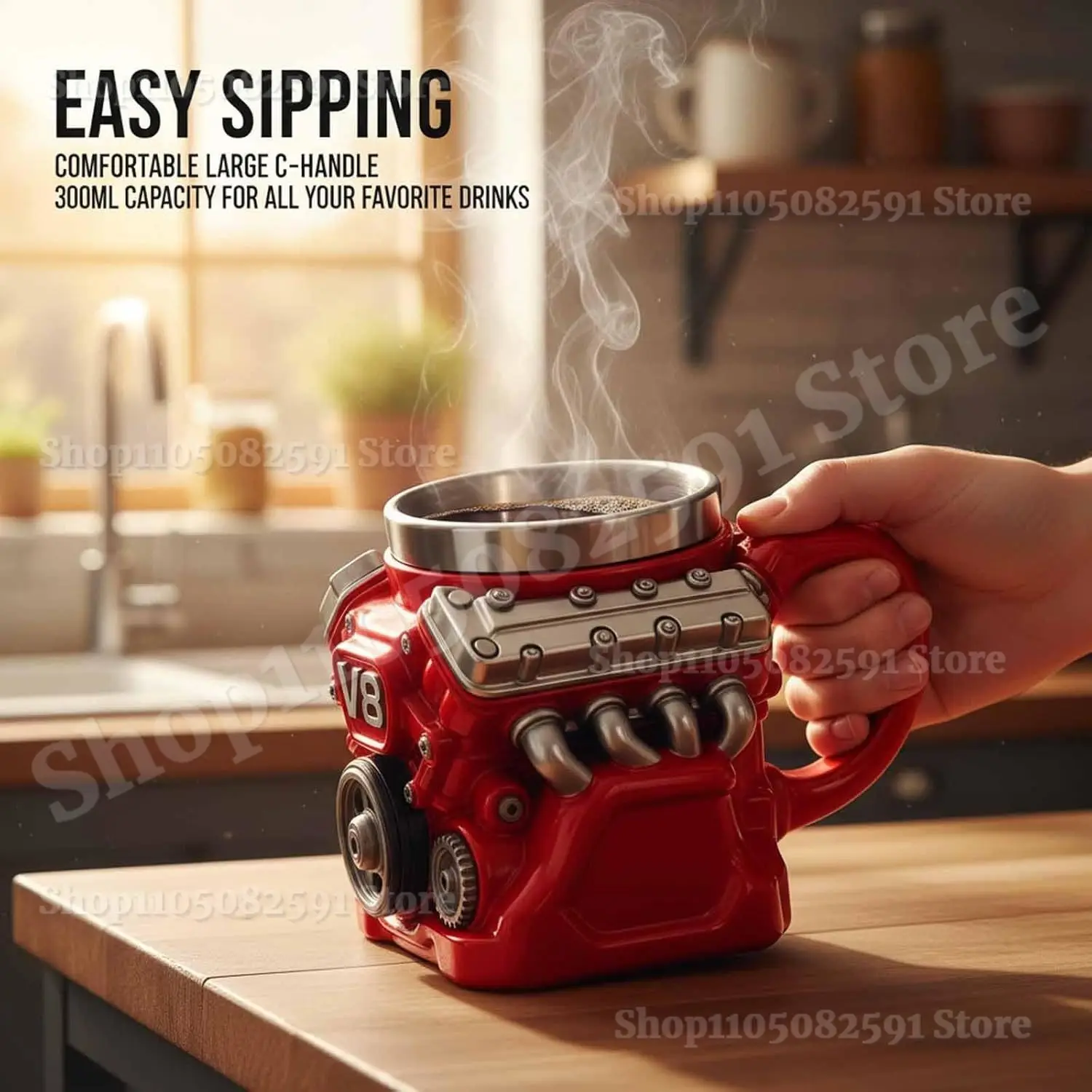 Retro V8 Engine Coffee Mug – Stainless Steel Double-Wall Insulated Car Mug with Handle 2