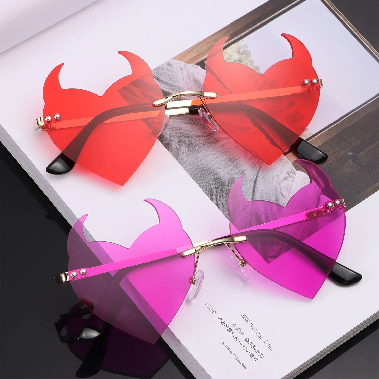 Novel Rimless Devil Ear Heart Shape Sunglasses for Women Men Trendy Creative Party Halloween Cosplay Glasses UV_voghion.com