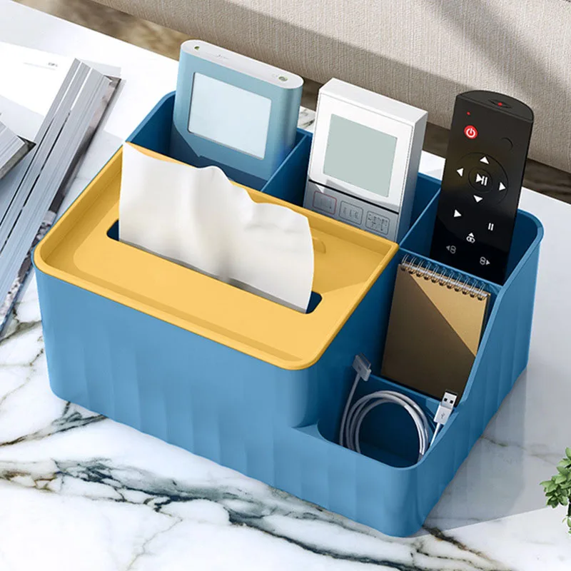 6-Section Desk Organizer - Multifunctional Tissue Box With Remote Holder Plastic Storage For Living Room Kitchen & Office - 6