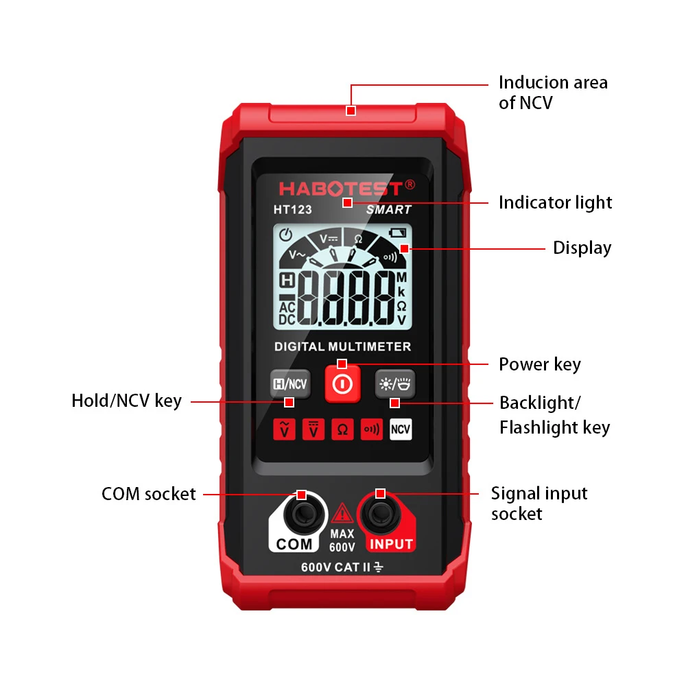 HABOTEST HT123 AC/DC Voltage Resistance Continuity Measurement Tester Smart Digital Multimeter NCV Multimeter with Backlight