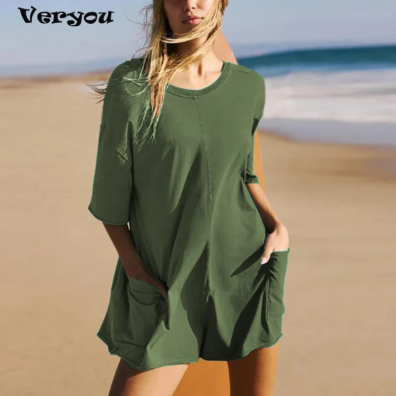 

Women Casual Short Jumpsuit Women Solid O Neck Pocket Short Sleeve Loose Jumpsuits For Women Summer Rompers
