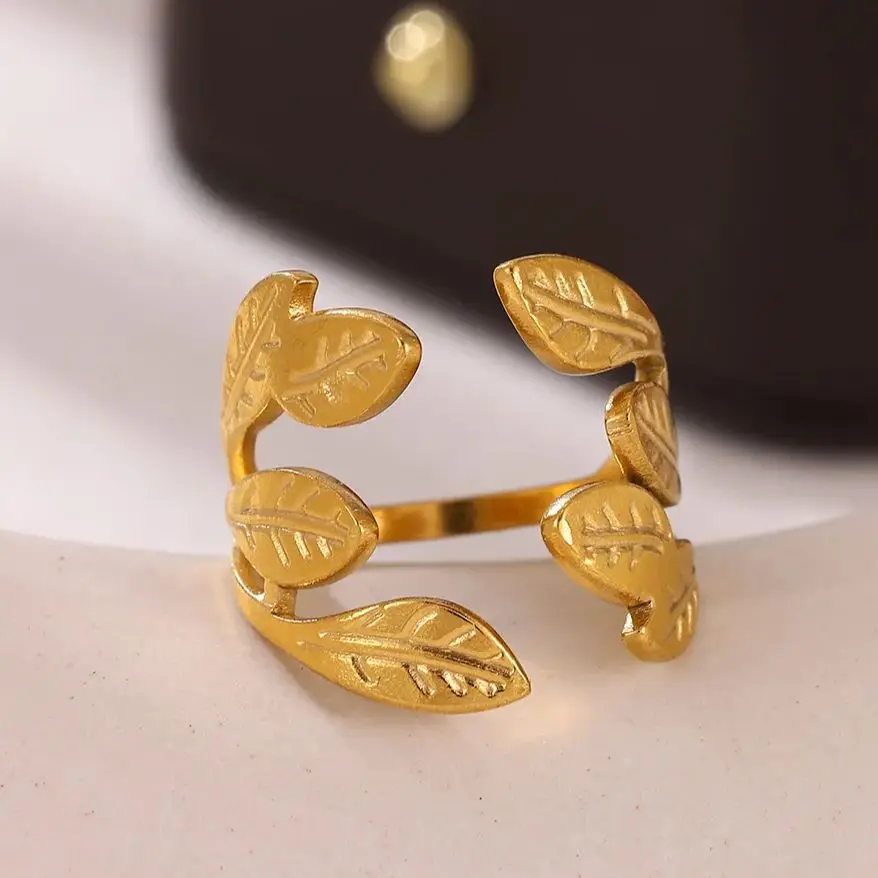 Fashion Leaf Rings for Women Gold Stainless Steel Geometric Opening