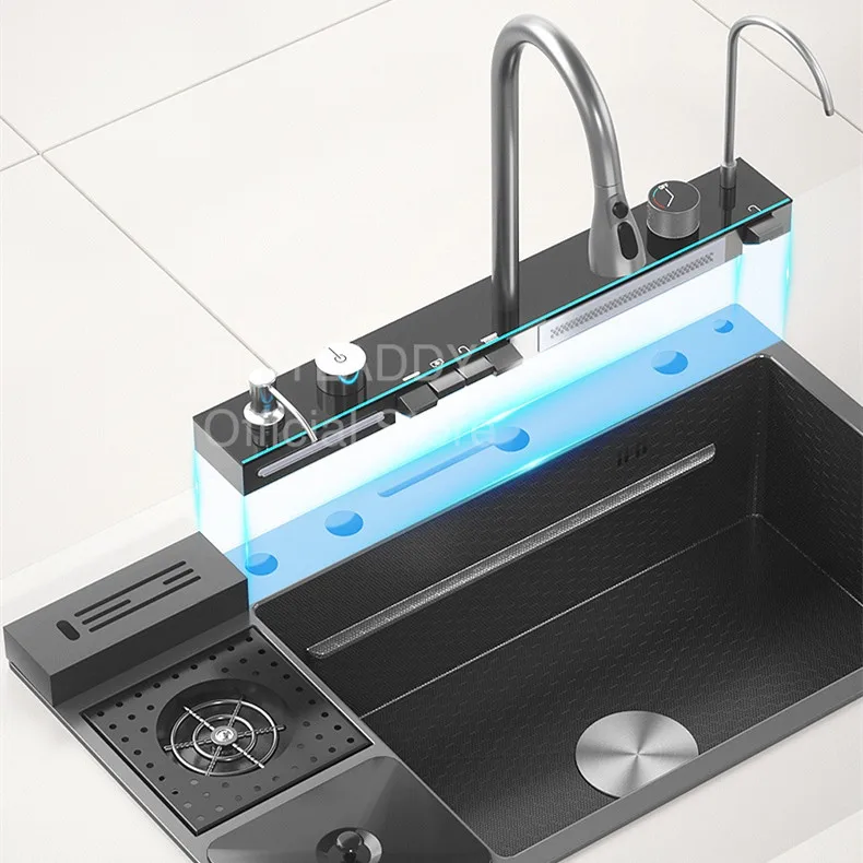 Multifunctional Kitchen Sink Steel Large Single Slot with Trash Can Waterfall Kitchen Sink Faucet Dishwashing Basin