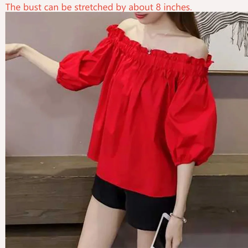 Red Sweet Off Shoulder For Women Bubble Sleeve Clothes Crop Top Casual Solid T-shirt Youthful Fashion Streetwear Trend All-match
