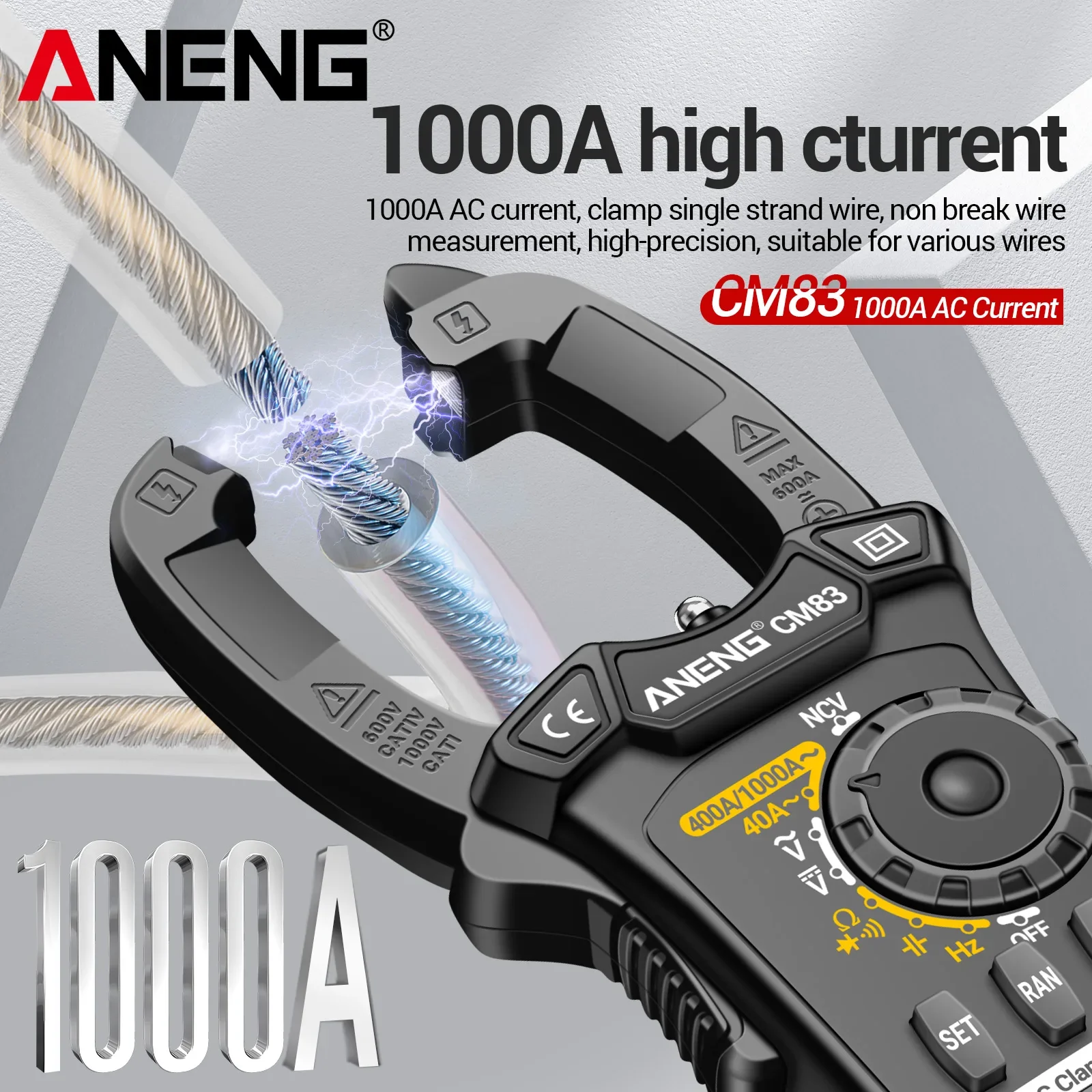 ANENG CM83 클램프 미터 1000A AC 전류 600V AC/DC 전압 4000 카운팅, NCV/정전용량/저항/주파수 측정 기능 포함