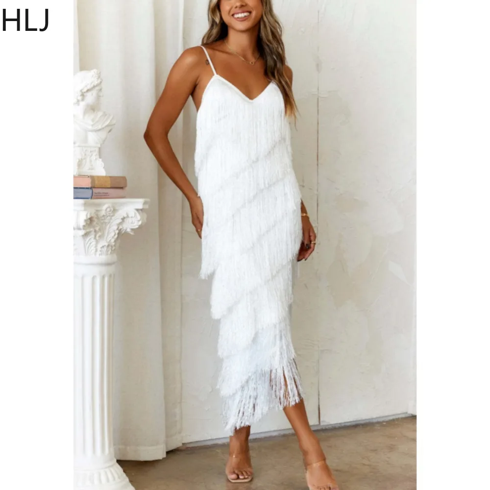 

HLJ White Tassels Patchwork Thin Suspended Dress Women V Neck Sleeveless Backless Mid Dress Female Solid Birthday Party Vestidos