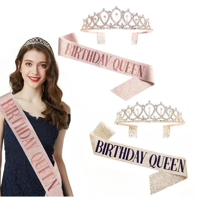 Bling Rhinestone Crystal Crown Birthday Anniversary Decoration Happy 18 21 30 40 50th Satin Sash Party Supplies