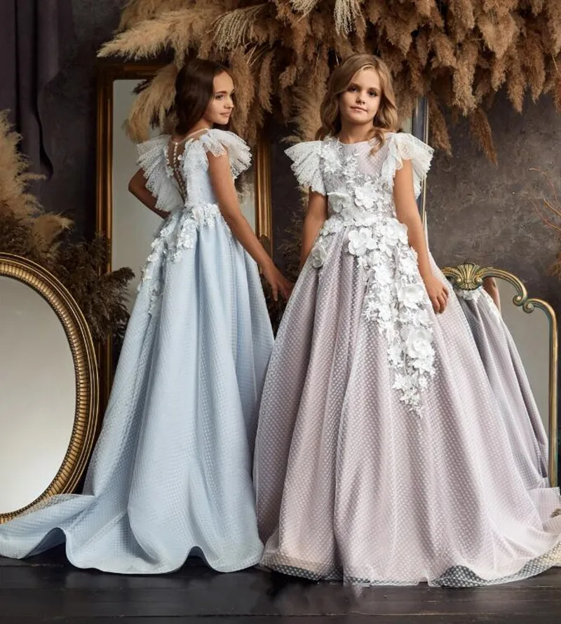 

Gorgeous Flower Girl Dress Satin Skirt Delicate Layer of Polka Dot Tulle Princess A-Line First Communion Gown