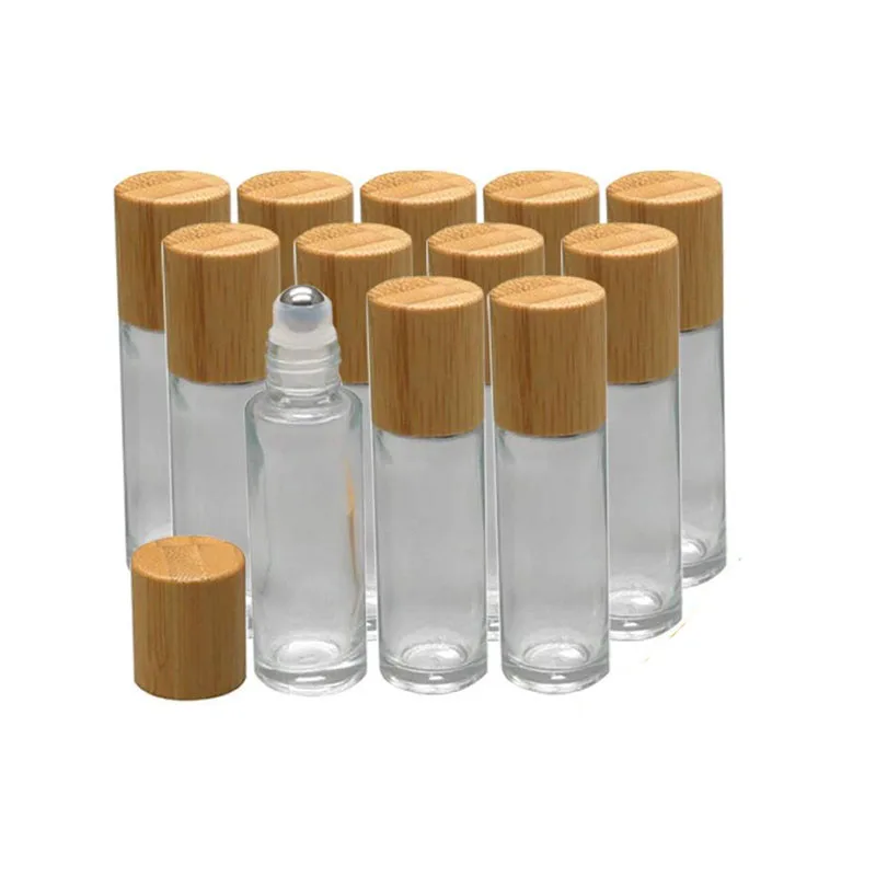 6pcs/lot Roll on Glass Bottles for Essential Oil Glass Roller Bottles Refillable Container with Bamboo Lid Cosmetic Container
