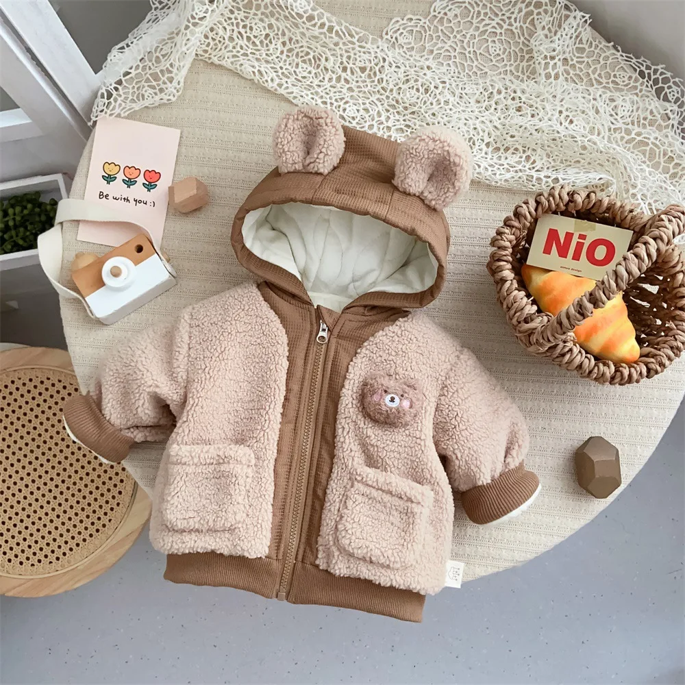 

Baby Girls Boys Winter Fleece Jackets Hooded Toddler Flannel Warm Lined Coat Kids Cartoon Cute Bear Outer Clothing