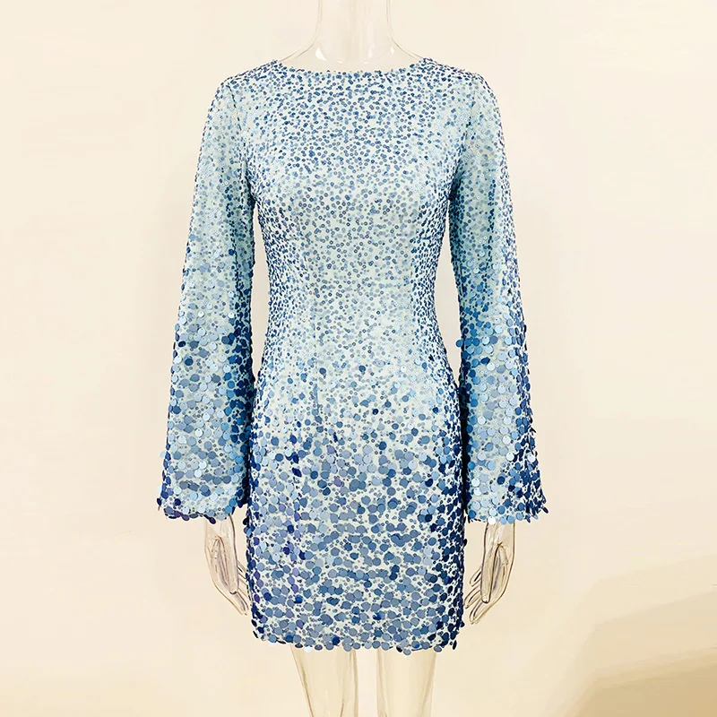

Spring and summer sequin chiffon dress for women, flared sleeves, round neck long sleeves, heavy bead craftsmanship