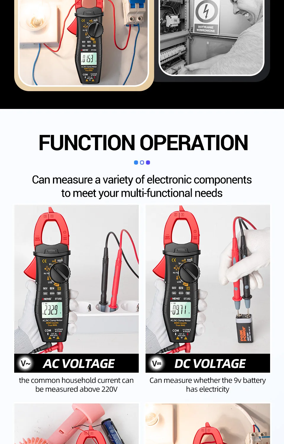 Description Picture 5 of itemANENG ST192 Digital Clamp Meters Multimeter 60A/600A Tester AC/DC Current 6000 Counts True RMS Capacitance NCV Ohm Hz Transistor